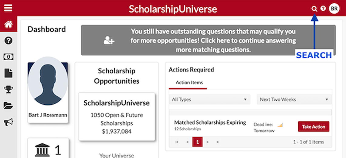 screengrab of Scholarship Universe webpage